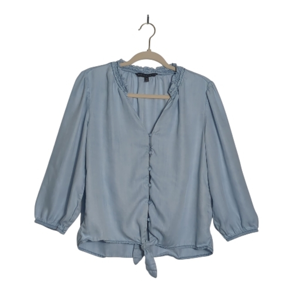 WHBM Med Light Blue Denim Button Up Blouse With Tie Waist Cottage Preppy Boho